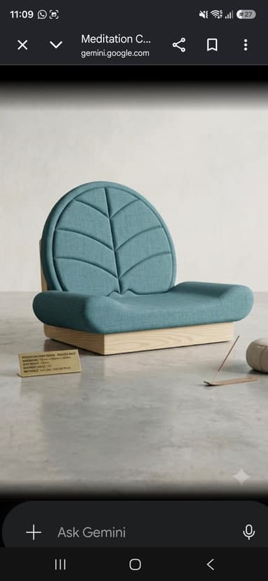 A modern low-profile floor chair featuring a distinctive leaf-shaped backrest. The seat and backrest are upholstered in a teal or aqua blue fabric, with the backrest exhibiting quilted stitching that delineates the leaf veins. The base is constructed from light-colored wood, providing a stable, ground-level foundation for the upholstered components. The design emphasizes a blend of organic form and contemporary minimalism. — 3D model