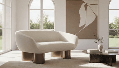 A contemporary two-seater loveseat featuring a distinctive sculptural form, upholstered entirely in a cream-colored bouclé fabric. The piece is supported by two robust, cylindrical legs made from a dark metallic material, providing a strong visual contrast to the soft upholstery. — 3D model