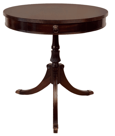 A dark-stained wooden round pedestal table, likely mahogany, featuring a single shallow drawer in its apron with an ornate brass lion's head pull. The table stands on a carved and fluted central pedestal, supported by three splayed legs terminating in brass sabots. — 3D model