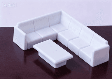 A miniature, minimalist L-shaped sectional sofa paired with a rectangular coffee table, both rendered in a uniform white color. The sectional features defined seat cushions, backrests, and block-style armrests, indicating a modular or contemporary design. The coffee table is a simple, solid form with a flat top and a recessed base. The items are presented as models, likely for architectural planning, interior design visualization, or as decorative objects. — 3D model