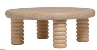 A low, round side table with four legs. The tabletop is circular and relatively thin. The legs are cylindrical and feature a ribbed or segmented design, resembling stacked rings. The overall aesthetic is minimalist and possibly Scandinavian or modern. — 3D model