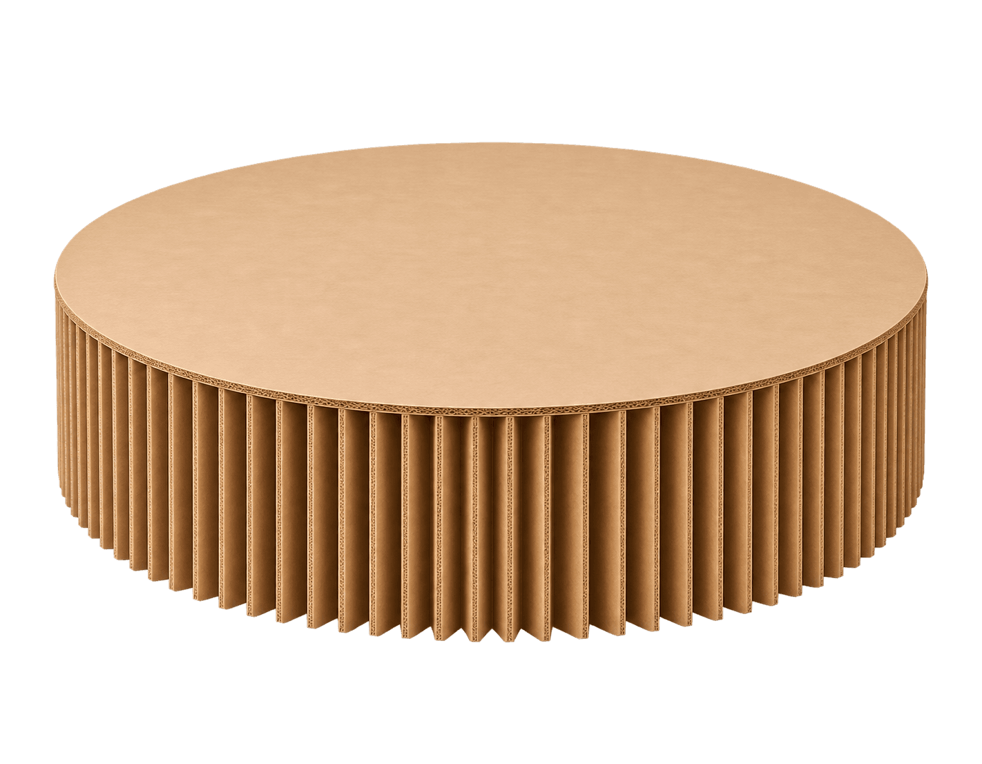 A circular coffee table constructed entirely from corrugated cardboard, featuring a solid flat top and a cylindrical base composed of numerous vertically arranged corrugated panels, creating a fluted or pleated texture. — 3D model