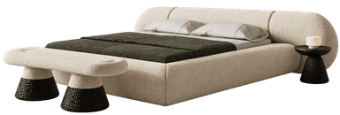 A modern, sculptural bed frame upholstered in a light-colored, textured boucle fabric, featuring a distinctive rounded and segmented headboard. Integrated circular side tables with dark tops and brass accents extend from the headboard on both sides. A matching upholstered bench with the same boucle fabric and dark, textured conical bases is positioned at the foot of the bed. The bed is dressed with light gray pillows and a dark olive green duvet. — 3D model
