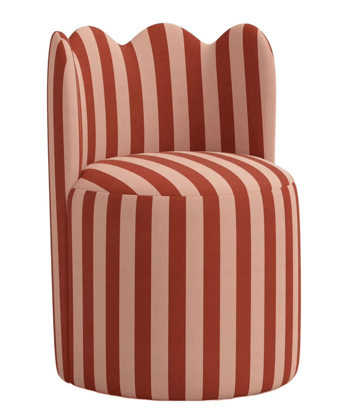 A modern, armless accent chair featuring a distinctive scalloped backrest and a cylindrical, fully upholstered base. The chair is covered in a bold striped fabric, alternating between a deep reddish-brown and a light beige or off-white. — 3D model