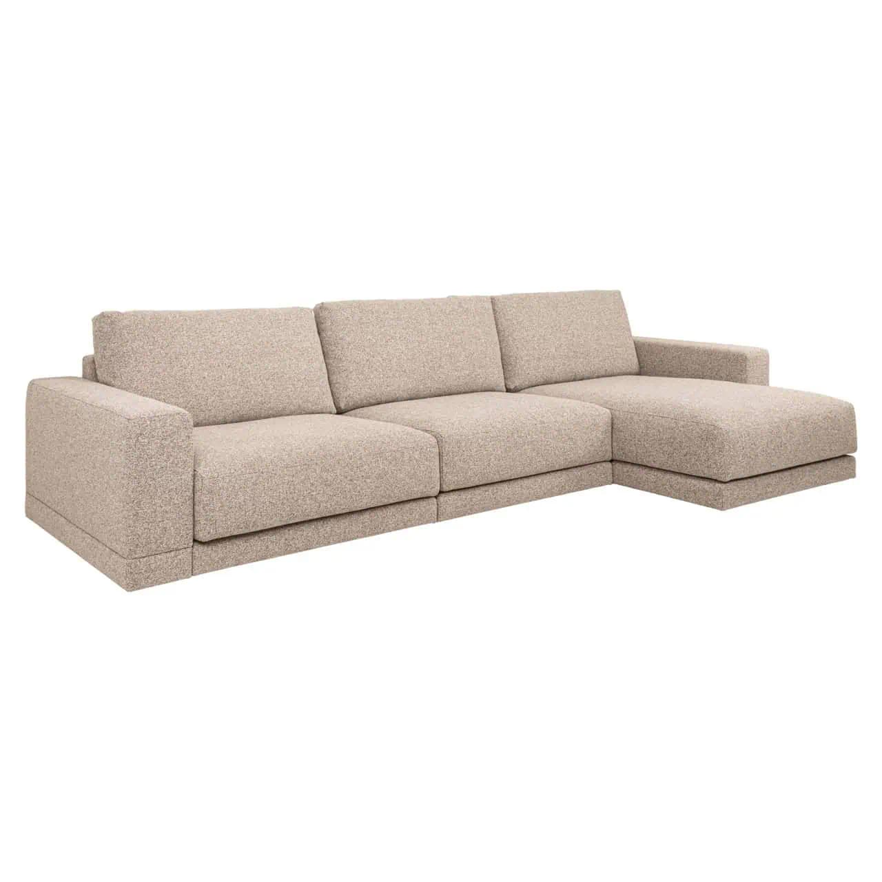 A sectional sofa with a chaise lounge extension. It features a low profile, squared arms, and a modular design indicated by visible seams between seating sections. The upholstery has a textured appearance with a fine weave. — 3D model