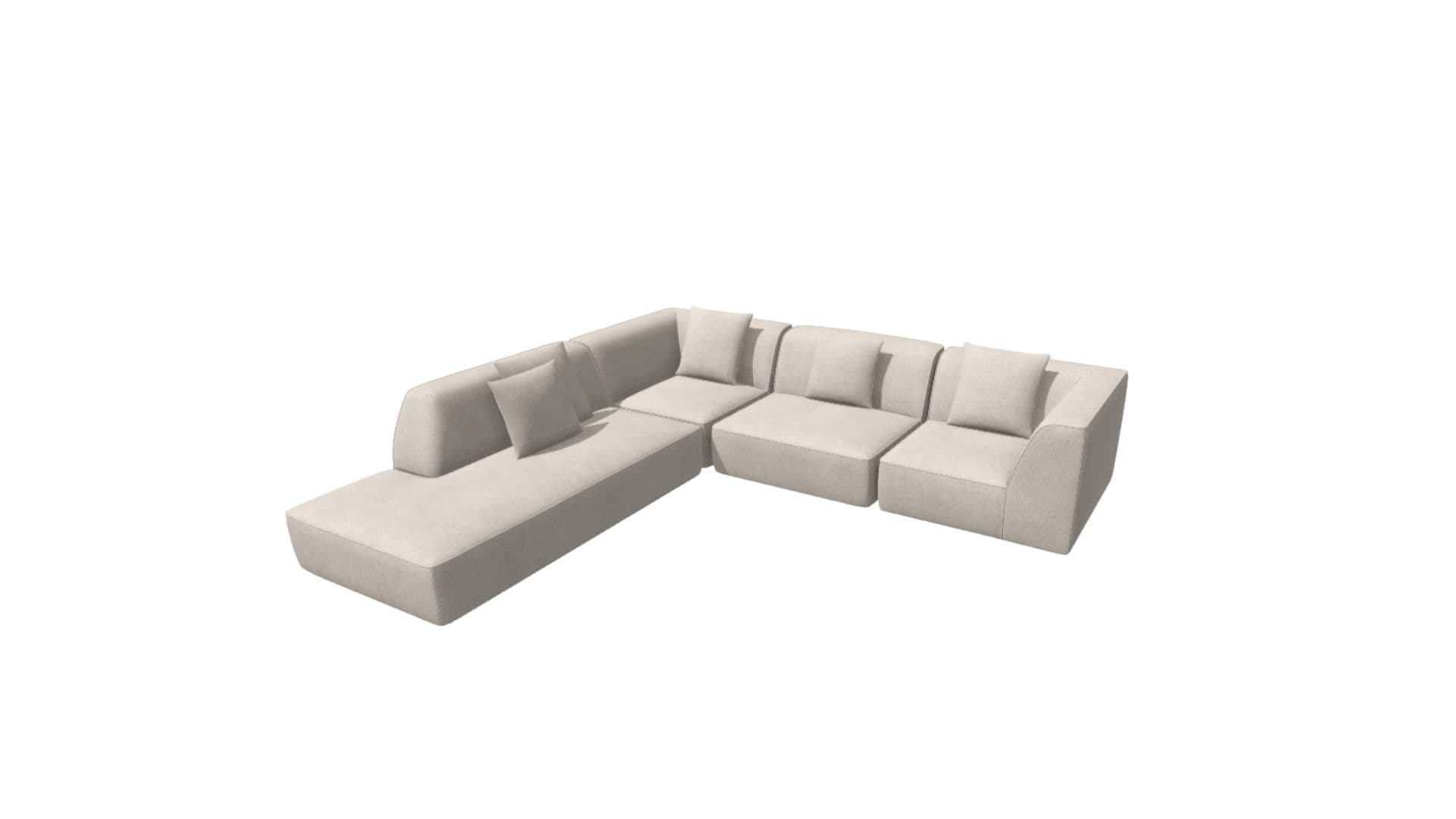 A modular sectional sofa with a chaise lounge section and multiple seating units. It features a low profile and clean lines, with integrated backrests and scatter cushions. The construction appears to be upholstered. — 3D model