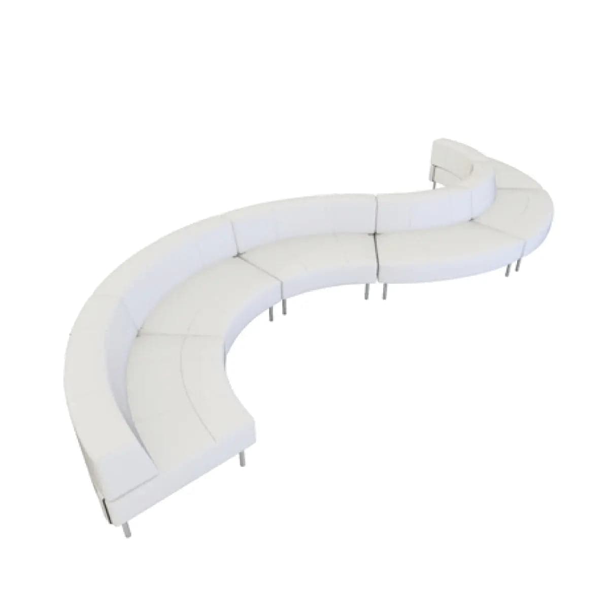 A long, modular serpentine sofa composed of multiple curved sections, upholstered in white fabric or faux leather, supported by minimalist metal legs. — 3D model