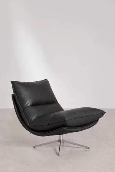 A contemporary black leather lounge chair with a tufted, cushioned seat and back. The chair features a low profile and a curved silhouette that cradles the sitter. It is supported by a sleek, brushed metal four-star base, allowing for swivel functionality. — 3D model