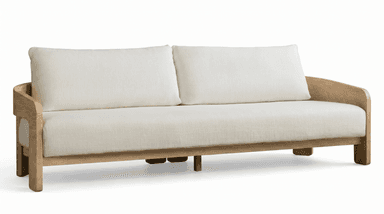 A contemporary two-seater loveseat featuring a visible light-toned oak wood frame and cream-colored fabric upholstery. It has a solid wooden base with integrated legs, gracefully curved armrests, and loose, plush seat and back cushions. — 3D model