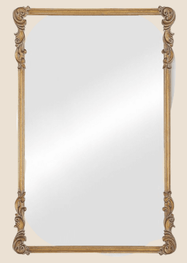 A rectangular mirror with a decorative, ornate frame. The frame has a golden finish and features carved scrollwork and fluting along its sides. The corners are adorned with elaborate acanthus leaf-like carvings. The mirror surface is clear and reflective. — 3D model