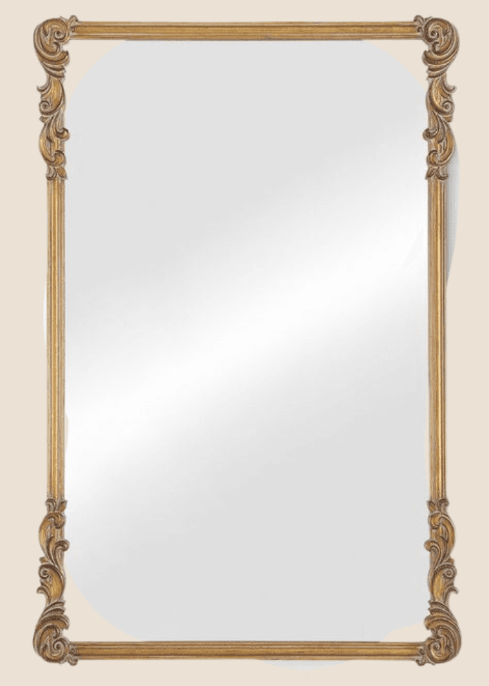 A rectangular mirror with a decorative, ornate frame. The frame has a golden finish and features carved scrollwork and fluting along its sides. The corners are adorned with elaborate acanthus leaf-like carvings. The mirror surface is clear and reflective. — 3D model