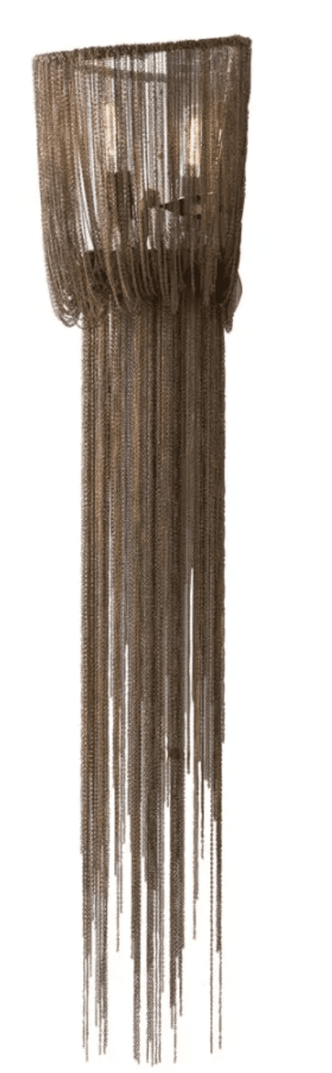A tall, multi-tiered chandelier constructed primarily from a metallic chain curtain. The upper section features a dense arrangement of chains forming a cylindrical shade, from which a cascade of finer chains descends, creating a dramatic, flowing effect. Visible within the upper section are light bulbs, indicating its function as a light fixture. — 3D model