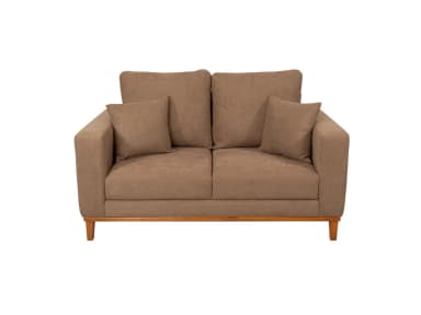 A contemporary loveseat featuring a neutral-toned fabric upholstery. It has two seat cushions, two loose back cushions, and one accent pillow. The design incorporates square track arms, a visible wooden trim along the base, and four tapered wooden legs. — 3D model