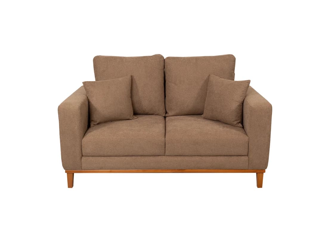 A contemporary loveseat featuring a neutral-toned fabric upholstery. It has two seat cushions, two loose back cushions, and one accent pillow. The design incorporates square track arms, a visible wooden trim along the base, and four tapered wooden legs. — 3D model