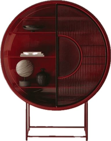 A circular, free-standing cabinet with a red-lacquered finish. It features open shelving on one side and a ribbed glass door on the other, enclosing a section of shelves. The cabinet is supported by a slim, angular metal base. — 3D model