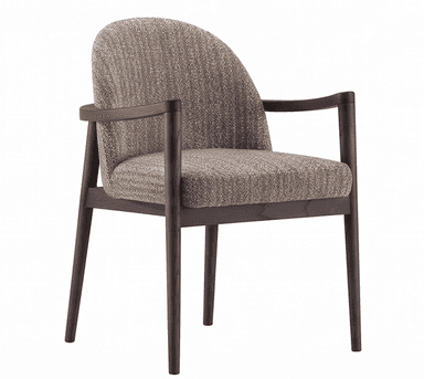 An armchair featuring a contemporary design with a dark wooden frame and upholstered in a light brown, textured fabric. The frame forms a continuous, curved shape that encompasses the backrest and extends into integrated armrests. The seat and the inner part of the backrest are upholstered, providing a comfortable seating surface. The fabric appears to be a durable woven textile with variations in tone, creating a speckled or tweed-like effect. — 3D model