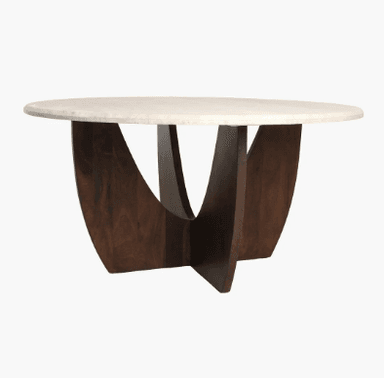 A round coffee table with a textured, off-white marble or stone top supported by a dark wood base. The base features a sculptural, intersecting design with curved elements that create an open, organic form. — 3D model