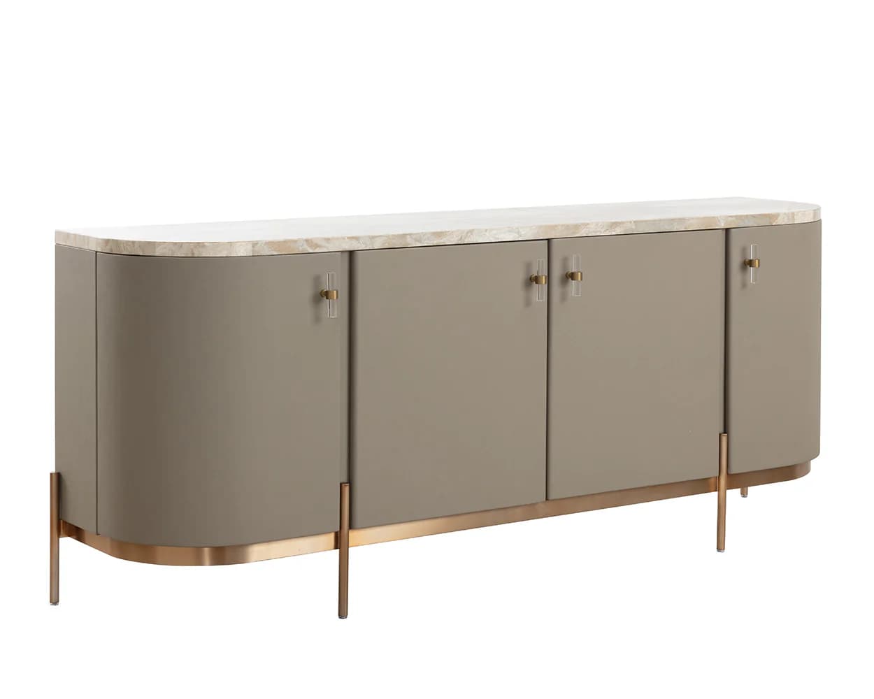 A modern sideboard with a curved front, featuring a stone-like patterned countertop. The body of the sideboard is a uniform matte taupe color and has four doors. Each door is equipped with a clear, cylindrical handle with metallic accents. The base of the sideboard is supported by four slender, angled legs in a metallic finish, connected by a continuous metallic band around the bottom perimeter. — 3D model