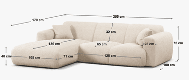 An L-shaped sectional sofa featuring a chaise lounge, upholstered in a light-colored, highly textured fabric, likely bouclé. The design is contemporary with a low profile, wide armrests, and plush, segmented seat and back cushions. The overall dimensions are indicated as 255 cm in width, 170 cm in depth for the chaise section, and 72 cm in total height. — 3D model