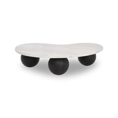 An organic-shaped coffee table featuring a white marble top with natural gray veining, supported by three dark, spherical wooden legs. The tabletop has an irregular, serpentine silhouette, and the spherical legs are evenly distributed underneath, providing a low-profile, sculptural aesthetic. — 3D model