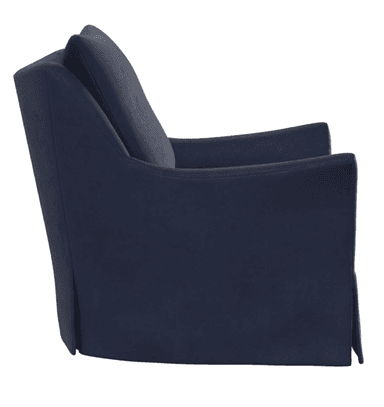 A navy blue upholstered armchair featuring a deep seat, loose back cushion, and a tailored skirted base. The arms are gently flared, and the overall design suggests comfort and a contemporary aesthetic. — 3D model