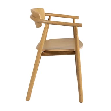 A light-colored wooden armchair with a curved backrest and armrests. The seat is a circular wooden panel. The legs are cylindrical and taper slightly towards the floor. The construction appears to be solid wood with visible grain patterns. The overall design is minimalist and contemporary. — 3D model