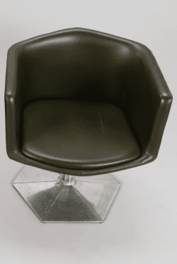 A vintage olive green upholstered swivel chair featuring a bucket seat design and a polished hexagonal metal pedestal base. — 3D model