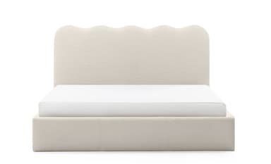 A modern upholstered platform bed featuring a distinctive scalloped headboard. The entire bed frame, including the headboard and side rails, is covered in a textured, off-white fabric, likely bouclé. The headboard presents a playful, undulating upper edge, and the mattress appears to sit recessed within the frame, indicating a platform design that does not require a box spring. The design is contemporary and minimalist, with concealed legs. — 3D model
