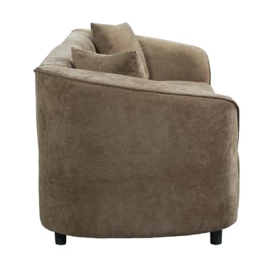 A modern three-seater sofa characterized by its distinctive rounded and inward-curving armrests and a low-profile design. The sofa is upholstered in a textured taupe fabric, giving it a soft yet durable appearance. It features two prominent, plush seat cushions that appear to be individually supported, suggesting a two-section or modular construction. Two smaller, matching throw pillows are placed at each end. The sofa rests on short, dark, cylindrical legs, which contribute to its contemporary aesthetic. — 3D model