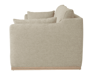 A contemporary two-seater sofa upholstered in a light beige, subtly textured fabric. It features a two-over-two cushion configuration with two large seat cushions and two rectangular back cushions. The sofa has low-profile track arms, each accompanied by a small bolster pillow. It is supported by discreet, low square wooden feet. — 3D model