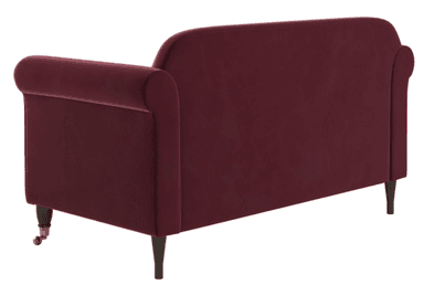 A traditional two-seater loveseat upholstered in deep burgundy velvet. It features classic rolled arms, two loose seat cushions, and two loose back cushions. The frame rests on short, dark wooden legs, with the front legs terminating in brass caster wheels for mobility. The overall design suggests a classic or Victorian-inspired aesthetic. — 3D model