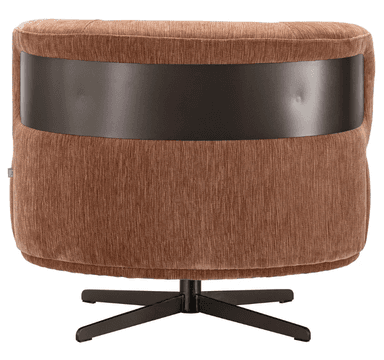 An upholstered barrel-shaped swivel chair featuring a textured rust-colored fabric and a black metal four-star swivel base. The chair has a rounded back with subtle vertical channel tufting and a deep, comfortable seat. — 3D model