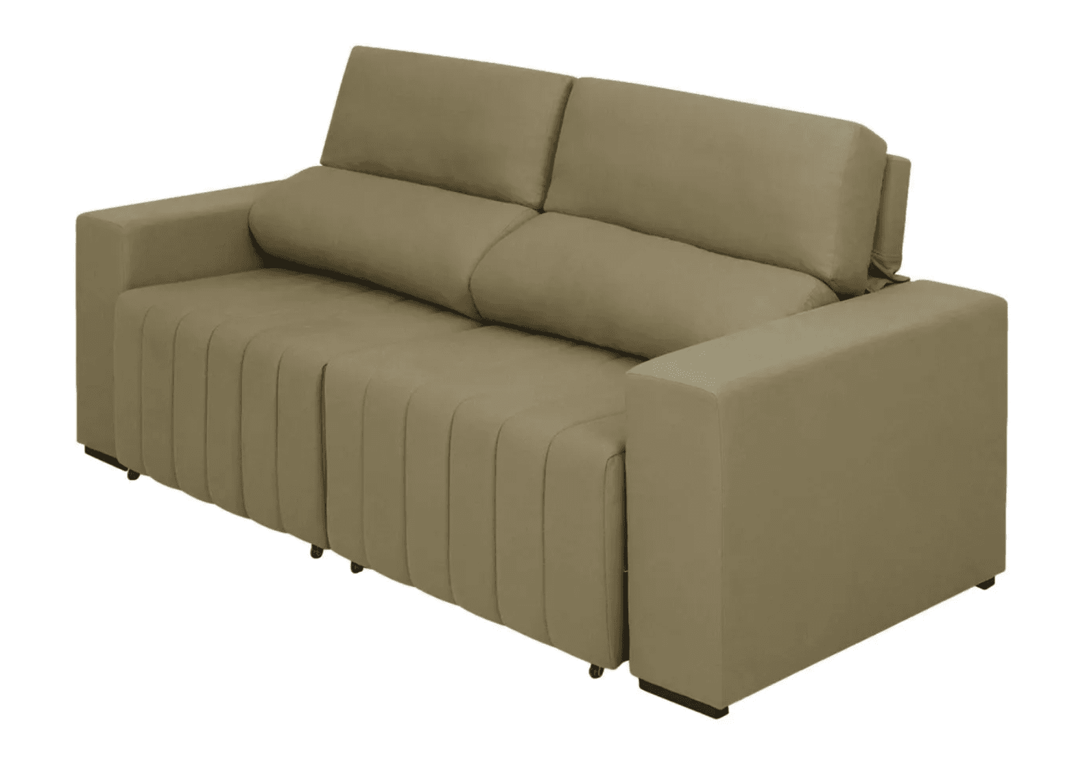 A two-seater sofa with a modern design. It features a taupe or light brown upholstery with a soft finish. The seat and back cushions are plush, and a long cylindrical bolster pillow is placed horizontally across the seat. The front of the sofa base has a pleated design, adding a subtle texture. The arms are straight and boxy. Small dark legs are visible at the base, and some casters are also present, suggesting potential mobility or a convertible feature. — 3D model