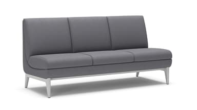 An armless three-seater sofa featuring grey upholstery, distinct segmented back and seat cushions, and a minimalist design supported by light-colored metal legs. — 3D model