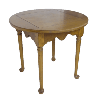 A round-topped side table with a decorative scalloped apron and four turned legs that end in bulbous feet. The tabletop has a square inlay or decorative border. — 3D model