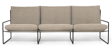 A three-seater sofa with a minimalist design. It features a slender black metal frame with angular legs supporting a light grey upholstered seat and back cushions. The backrest is divided into three distinct sections, and the seat is composed of three individual cushions. — 3D model