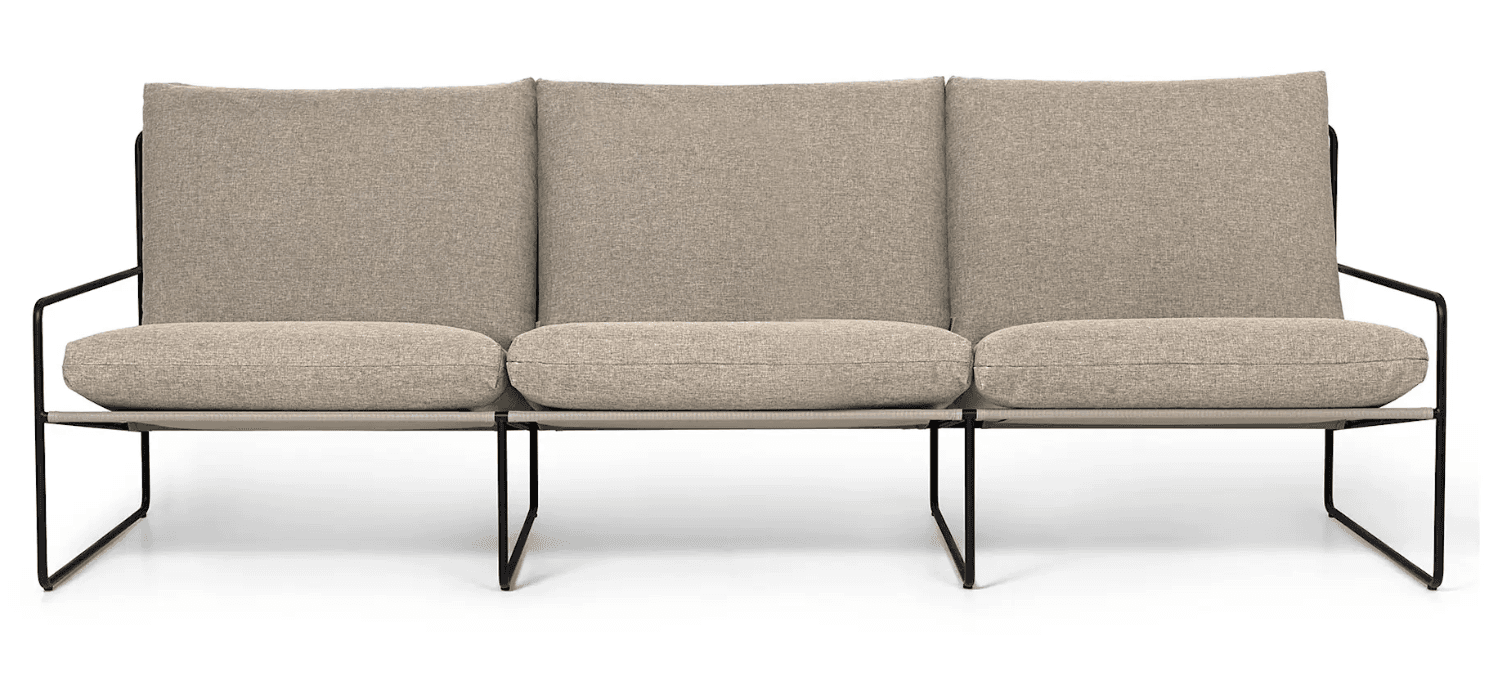 A three-seater sofa with a minimalist design. It features a slender black metal frame with angular legs supporting a light grey upholstered seat and back cushions. The backrest is divided into three distinct sections, and the seat is composed of three individual cushions. — 3D model