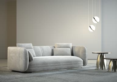A contemporary light gray sofa with a low profile and rounded arms. The sofa features channel tufting on the back and seat cushions, and comes with two matching throw pillows. It is supported by a thin, polished metal base. — 3D model