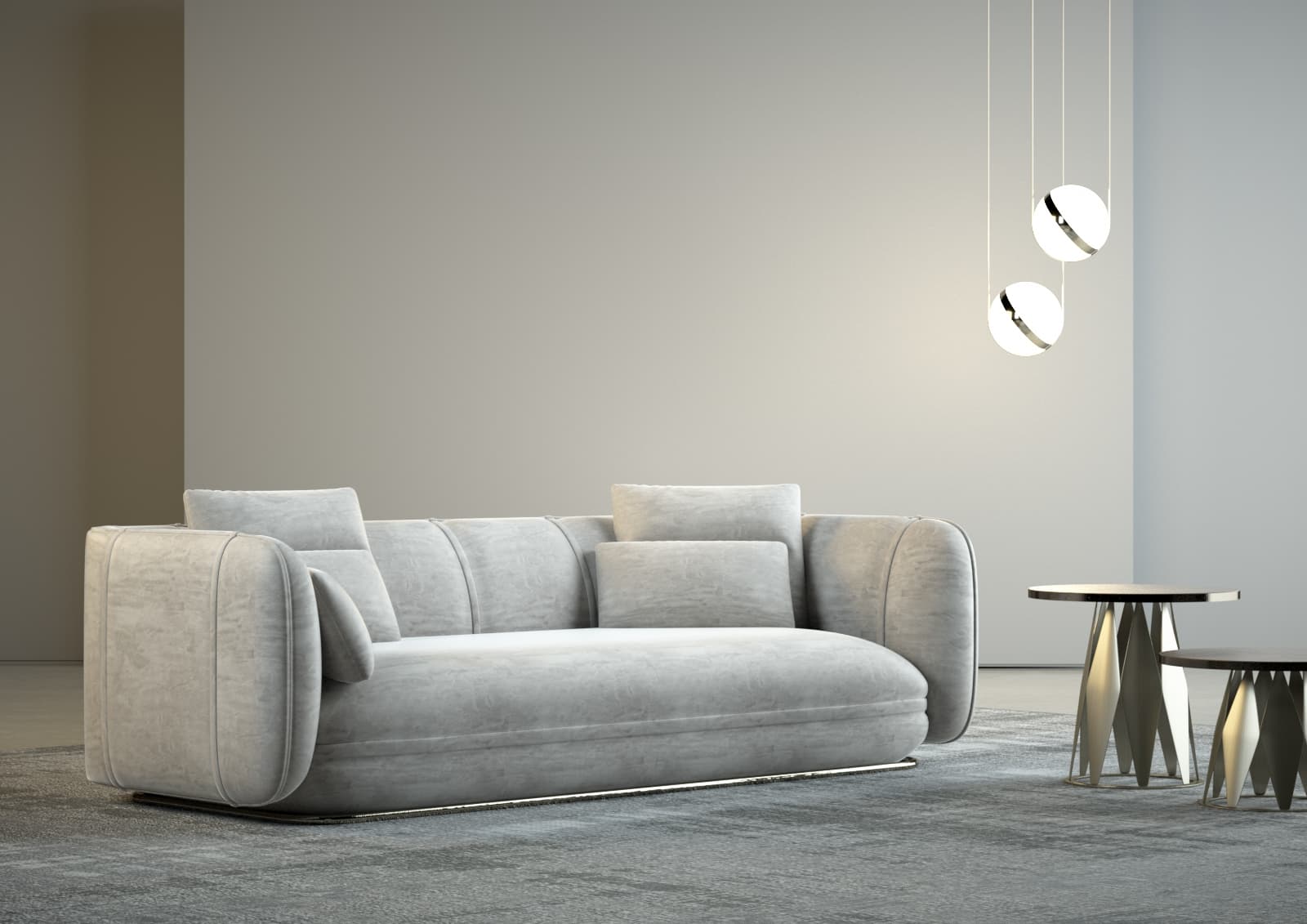 A contemporary light gray sofa with a low profile and rounded arms. The sofa features channel tufting on the back and seat cushions, and comes with two matching throw pillows. It is supported by a thin, polished metal base. — 3D model