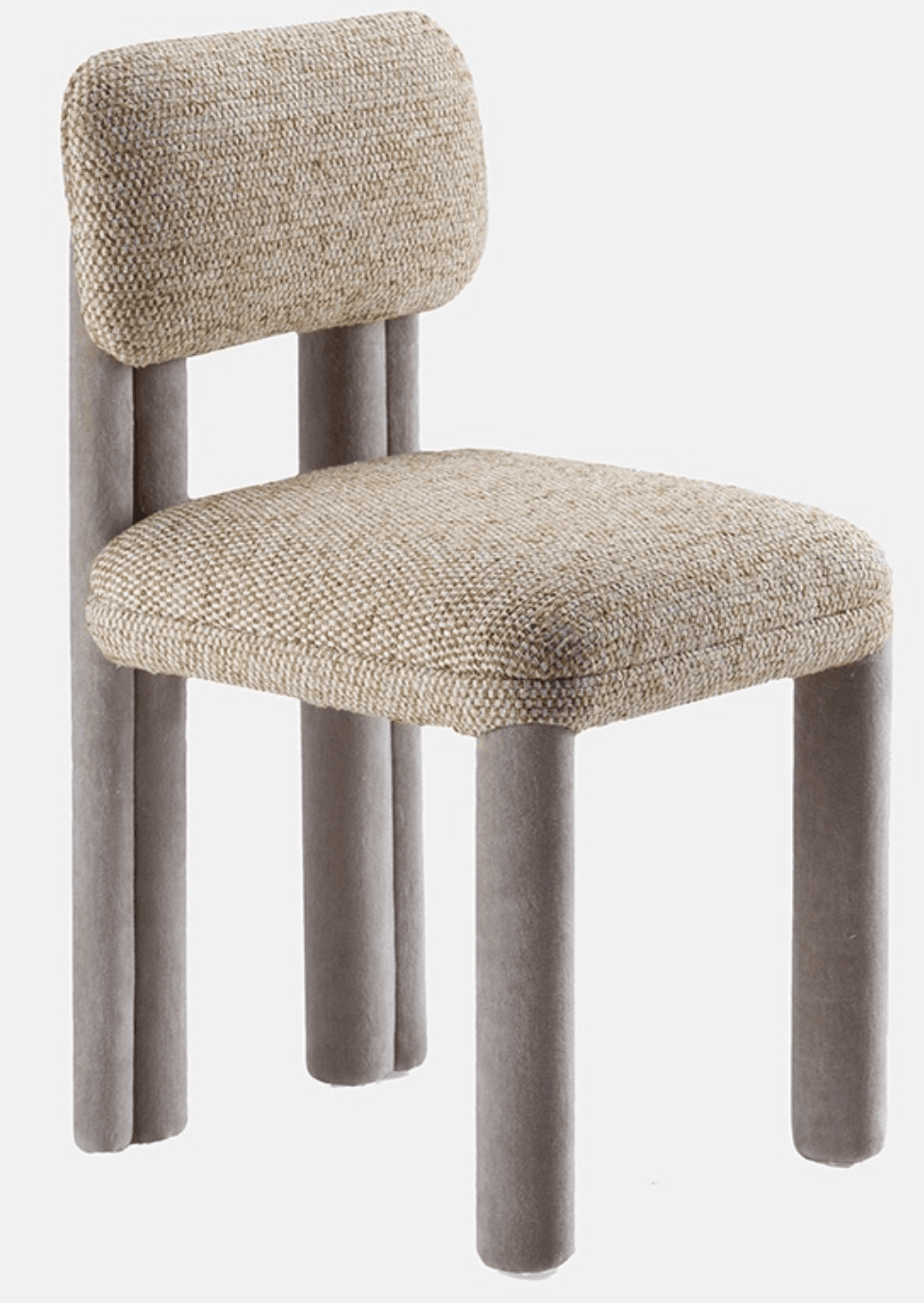 A modern upholstered chair with a distinct tubular leg design and a curved backrest. The seat and back are padded and covered in a textured, woven fabric. The legs and frame appear to be constructed from a material covered in a smooth, plush fabric. — 3D model
