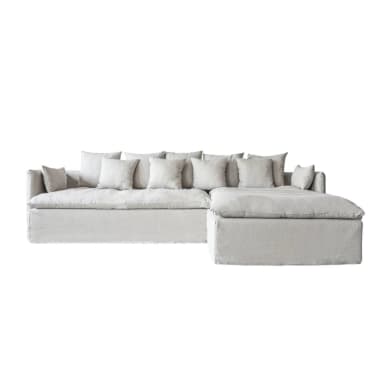 A large, modular sectional sofa with a chaise lounge extension. The sofa features a low-profile design with loose back cushions and bolster pillows on the arms. It is upholstered in a textured, light-colored fabric. — 3D model
