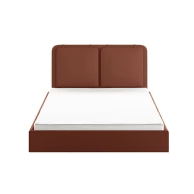 A low-profile upholstered bed frame with a rectangular headboard featuring two padded sections. The frame is covered in a textured, warm-toned fabric. The bed is dressed with white sheets, a dusty rose duvet or comforter, and several pillows, including two large grey ones and a smaller textured brown decorative pillow. — 3D model