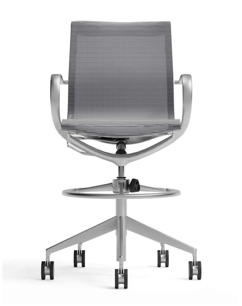 A modern, ergonomic office chair with a high backrest and adjustable features. The chair features a mesh back and seat, complemented by silver-toned metal armrests and a five-star base with casters. A footring is integrated into the base for added comfort. — 3D model