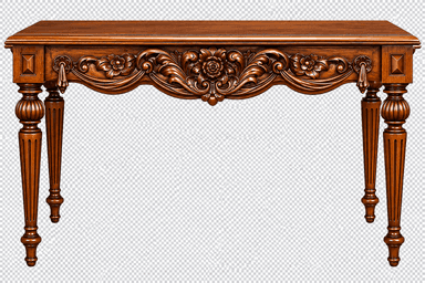 A rectangular wooden console table with rich, dark brown finish, featuring extensive floral and foliate carvings along the apron and supported by four turned and fluted legs. — 3D model
