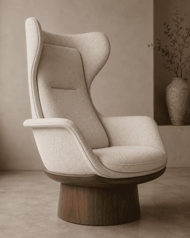 A contemporary high-back wingback chair with beige bouclé upholstery and a dark wooden cylindrical swivel base. — 3D model