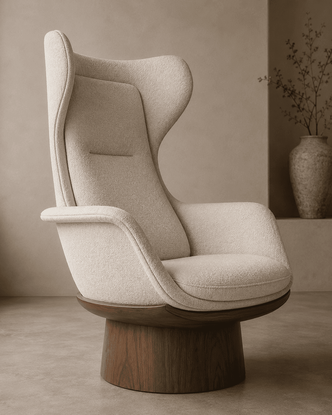 A contemporary high-back wingback chair with beige bouclé upholstery and a dark wooden cylindrical swivel base. — 3D model