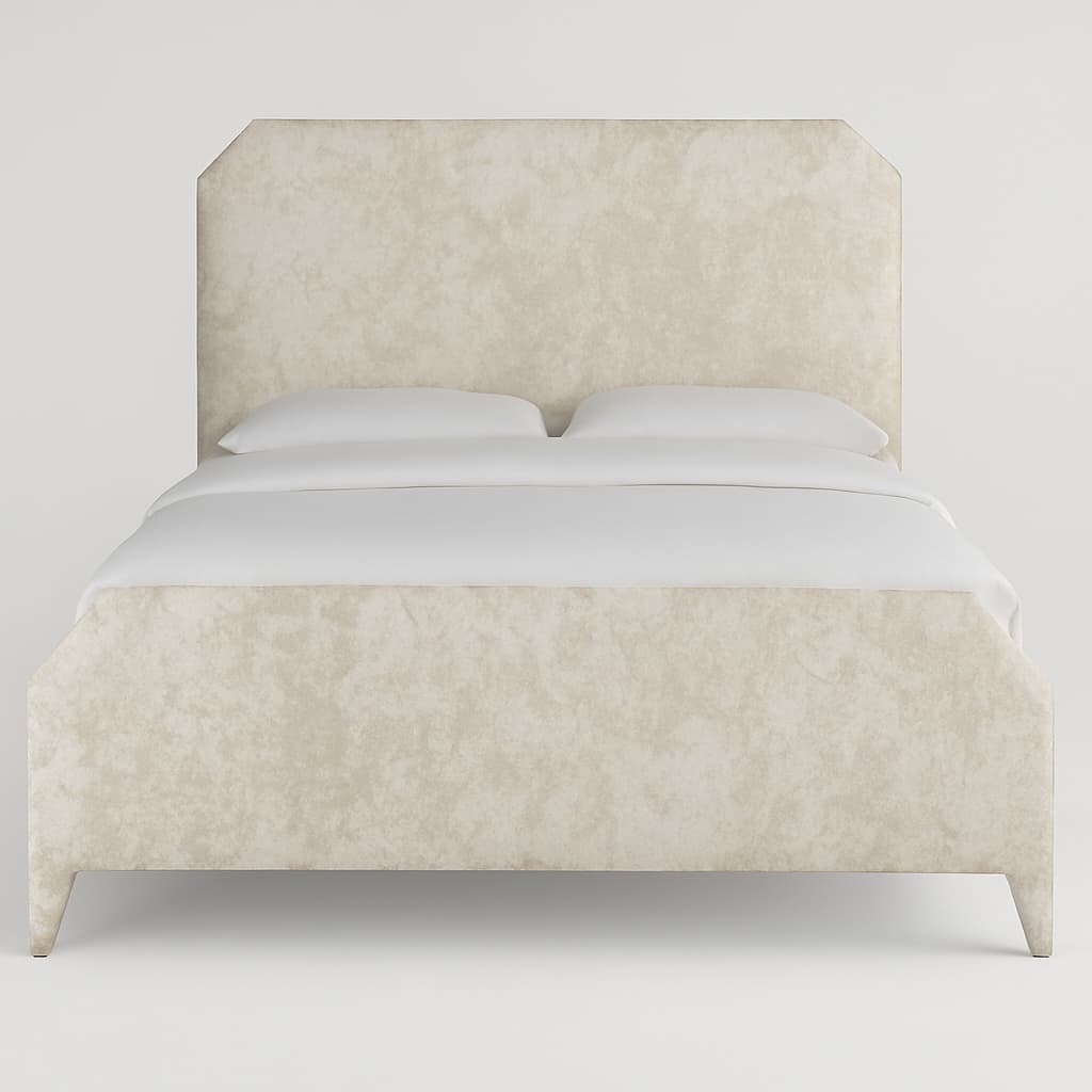 A bed with a upholstered frame and headboard. The headboard has a slightly octagonal shape with rounded corners. The frame is low-profile and extends to the floor, supported by four short, tapered legs. The bed is dressed with two white pillows and white bedding. — 3D model