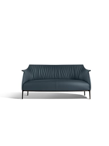 A modern two-seater loveseat featuring dark blue, possibly petrol or teal-colored, leather upholstery. The backrest exhibits a distinctive pleated or ruched design, adding texture and visual interest. The seat cushions appear smooth and clean-lined. The frame is supported by slender, dark-finished metal legs that extend from the base, giving the piece a light and elevated appearance. The arms are gently curved and integrated into the overall sleek silhouette. The design is contemporary with an emphasis on minimalist form and luxurious material. — 3D model