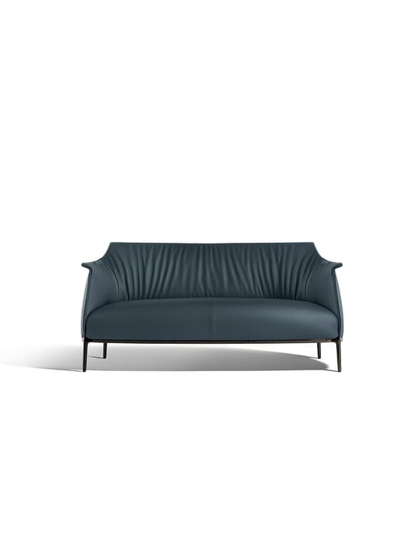 A modern two-seater loveseat featuring dark blue, possibly petrol or teal-colored, leather upholstery. The backrest exhibits a distinctive pleated or ruched design, adding texture and visual interest. The seat cushions appear smooth and clean-lined. The frame is supported by slender, dark-finished metal legs that extend from the base, giving the piece a light and elevated appearance. The arms are gently curved and integrated into the overall sleek silhouette. The design is contemporary with an emphasis on minimalist form and luxurious material. — 3D model