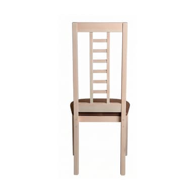 A light-toned wooden dining chair featuring a slatted backrest and a padded, brown upholstered seat. — 3D model